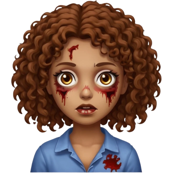 Una chica zombie con cabello rizado café y ojos cafés con un lunar debajo de el ojo izquierdo  emoji