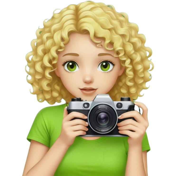 curly-haired blonde girl with fair skin in an acid green T-shirt with a camera in her hands emoji