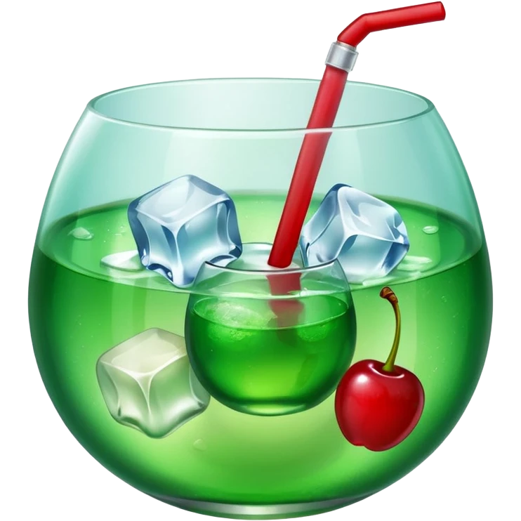 Create an emoji with a very clear rounded glass and ice, bright transparent green soda , a smooth vanilla scoop circle shape, a glossy red cherry, using vibrant colors, soft shading, and clear glass highlights.
 emoji