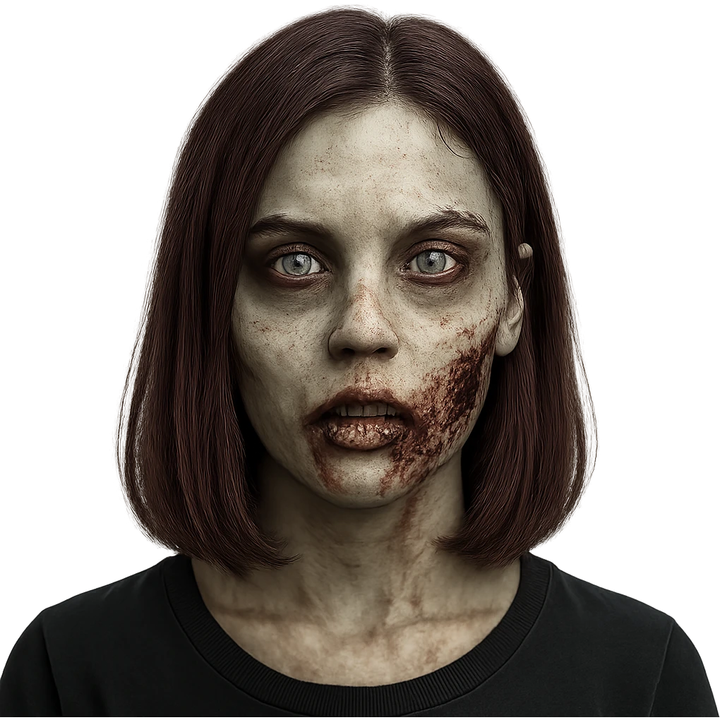 girl with medium length straight burgundy hair, eyebrow slit, zombie look, undead expression emoji