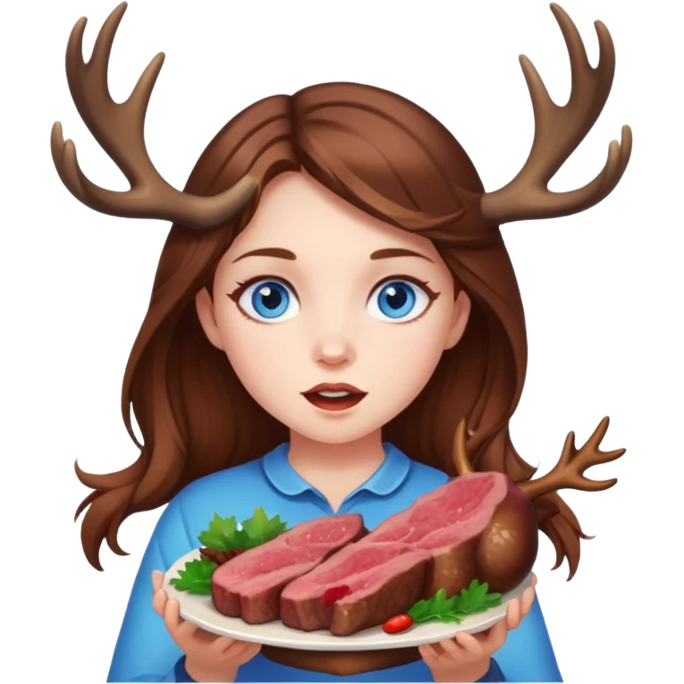 Girl with deer antlers eats meat, brown hair, blue eyes  emoji
