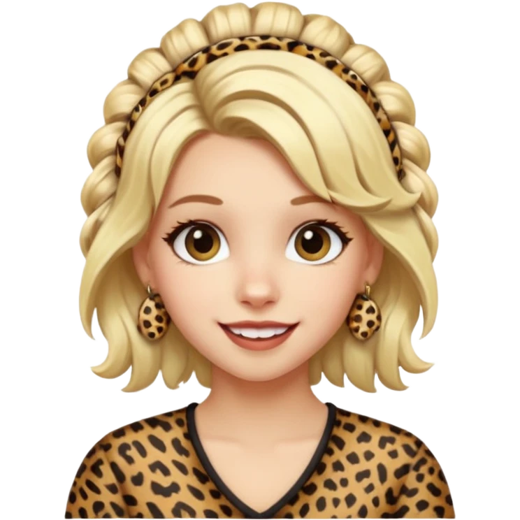 Une fille blonde et joyeuse. Elle porte une coiffure rock et originale avec des barrettes pour cheveux  léopard et motif peau de vache. emoji