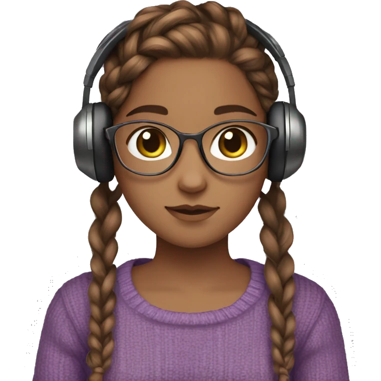 Brown hair girl, braids, brown eyes, violet sweater, headphones, clear glass, brown skin, and cat in hands emoji