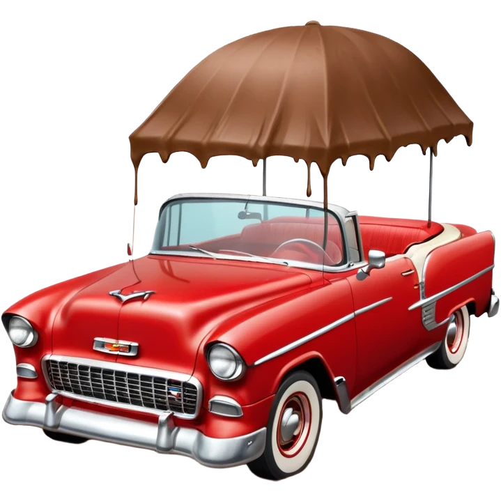 1955 Chevrolet Bel Air Convertible (Red-White color). The doors, bumper, hood and wheels are covered in sticky brown mud, which is clearly visible. Brown liquid mud is pouring out of the bucket from above. Aspect ratio: 1:1 emoji