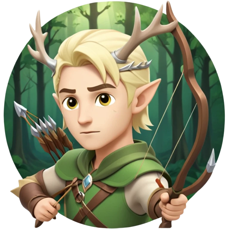 clash-of-clans-aesthetic-blond-male elf-archer-portrait-emoji, rendered in a flat, vector-style with minimal shading and bold holding his bow, simplified shapes, head tilted slightly forward with a determined, focused expression, riding a majestic white stag whose antlers glow with mystical energy, set against an ancient, enchanted forest backdrop. emoji