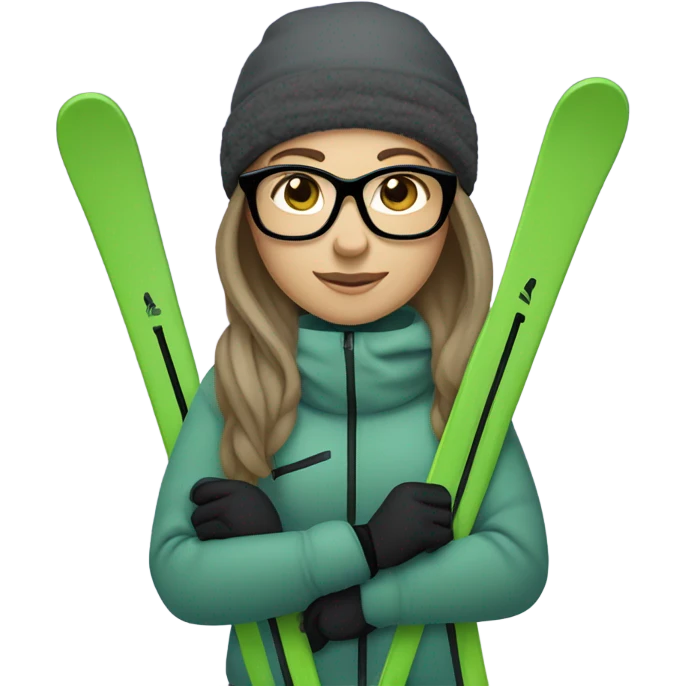 chubby female skier with long straight hair and green eyes, glasses, grey purple snow jacket, long black pants, black only snow boots and black skis emoji