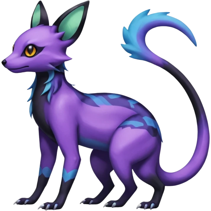 Rare epic aesthetic iridescent spooky gloomy colorful Salandit-Umbreon-Eevee-Genet-species-Fakemon-hybrid-creature, with markings, full body emoji
