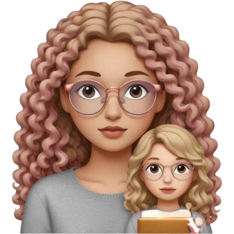 aesthetic white girl with dark blonde, long curly hair , in front of the girl's sholders and black eyes  , light grey sweater top and rose gold glasses emoji