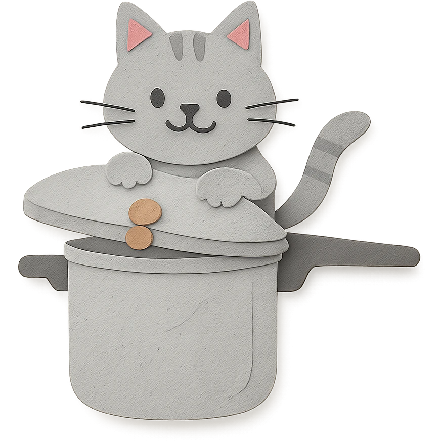 soft grey pressure cooker cat, popping out of the lid, playful expression, full-body emoji