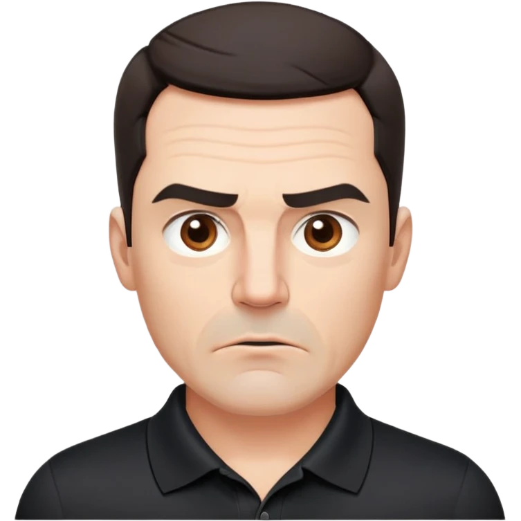 Middle-aged man with strong square face, pronounced jawline, full cheeks, manic energy with intense stare, dark brown eyes, thick raised eyebrows, wide proportional nose, mouth slightly open in disbelief, short dark hair neatly styled, wearing a black polo shirt emoji