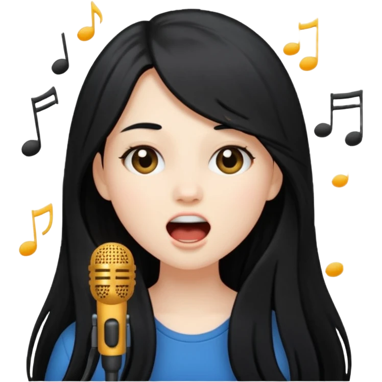 Pale girl with black long hair singing emoji