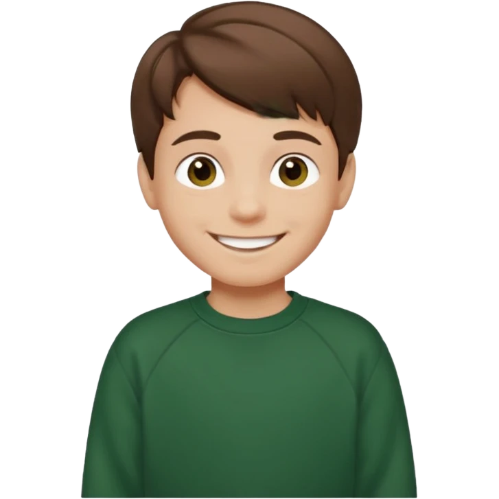 a smiling boy with brown hair and white skin he has dark eyes and he is wearing a dark green sweatshirt emoji