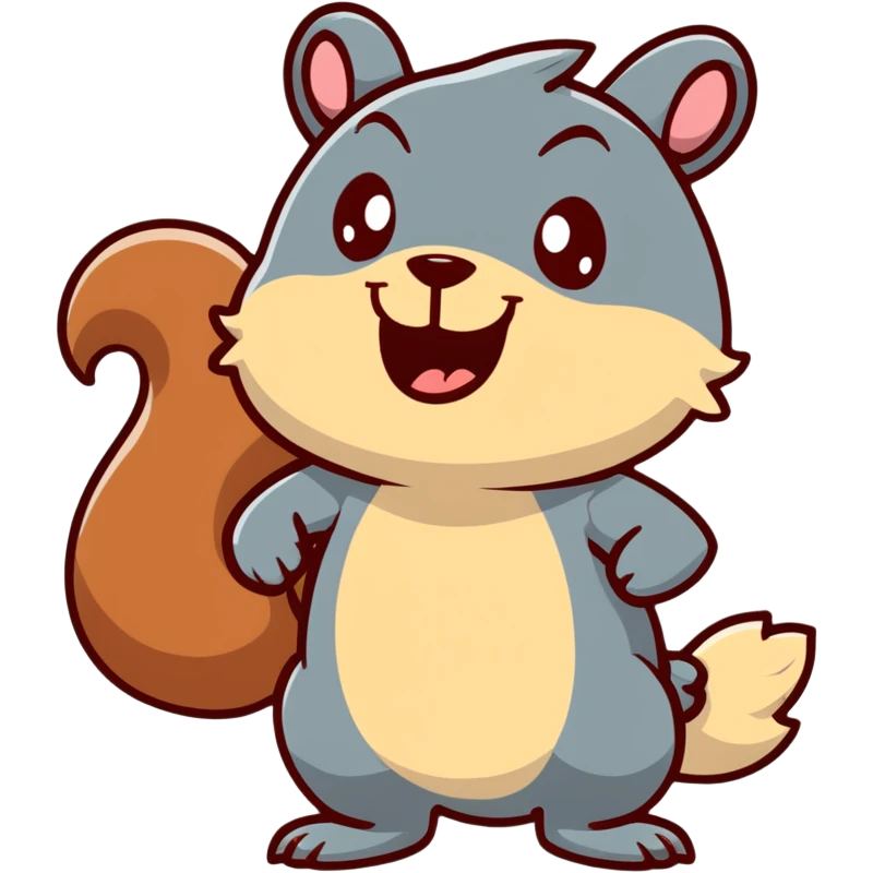 Cartoon squirrel with proper squirrel head shape, bushy tail, big front teeth, and massive exaggerated drool pouring from mouth, extremely hungry look emoji
