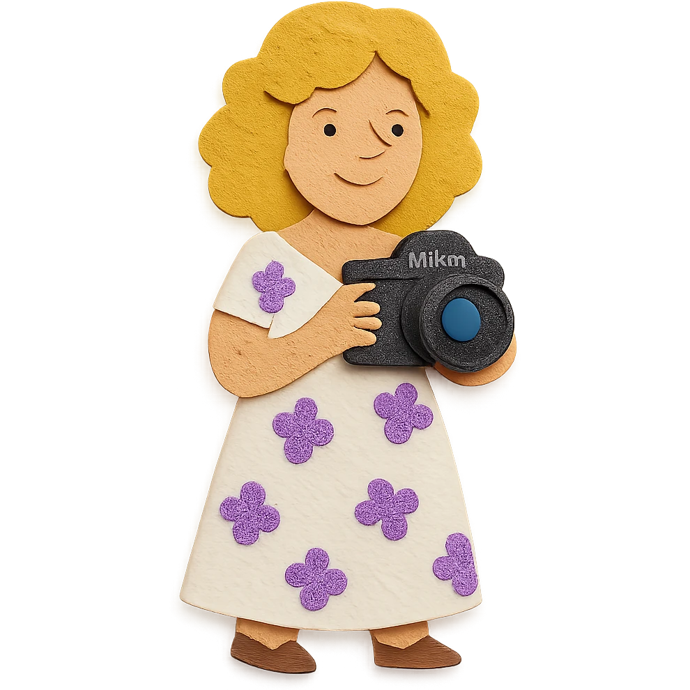 señora rubia de rulos de 50 años con cámara Nikon y vestido largo blanco con flores lilas, estilo paper-craft emoji