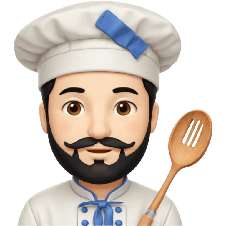 CHEF CON PIEL BLANCA, GORRO DE CHEF, PELO NEGRO Y BARBA NEGRA, OJOS MARRON OSCURO. SONRIE Y TIENE MARCAS DE BESOS CON FORMA DE LABIOS EN LAS MEJILLAS  emoji