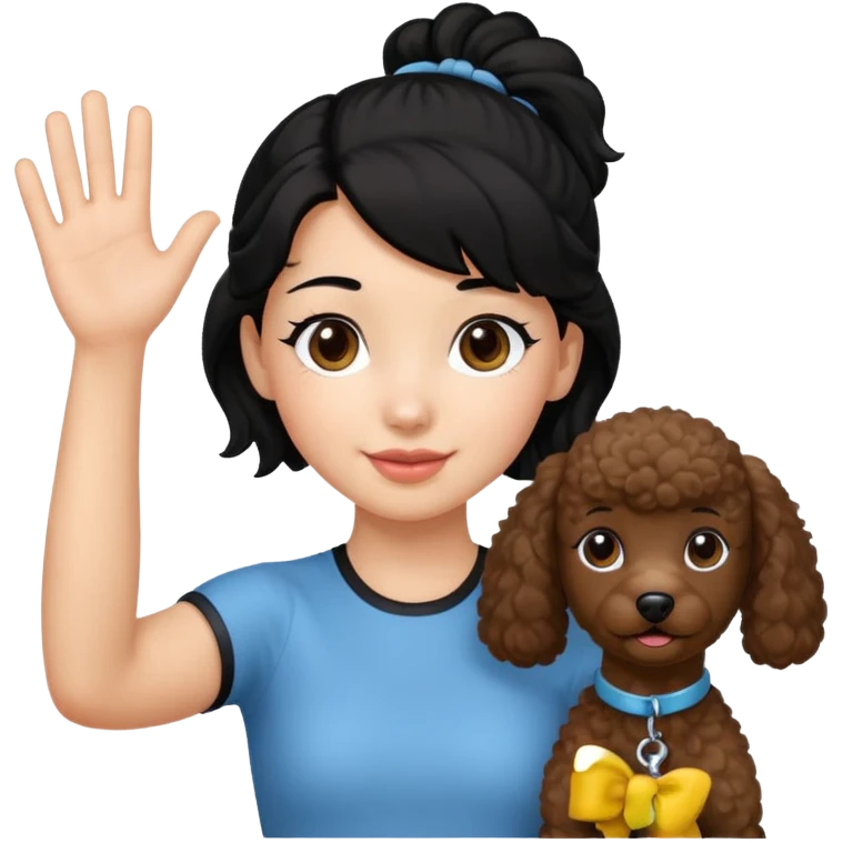 Ponytail black hair girl with brown Poodle say goodbye  emoji