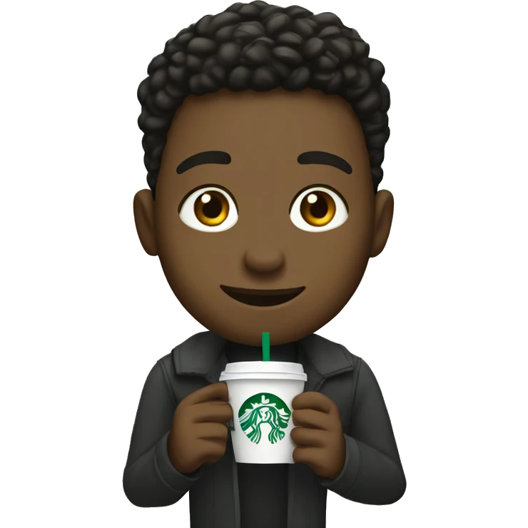 A young black man drinking Starbucks, coffee waving emoji