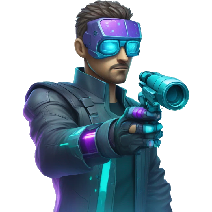 Secret human agent with  cyberpunk elements with a spyglass scanning looking reviewing multicolor lines of code, cyan and purple colors, only upper body portrait emoji