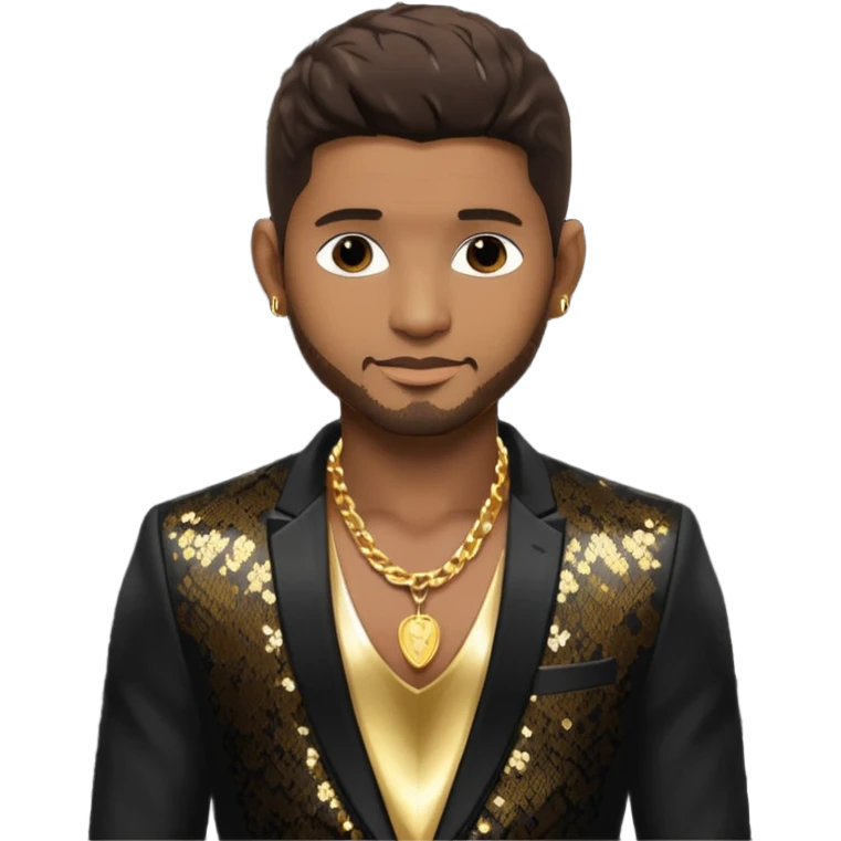 Usher with dark brown hair, black sequin suit jacket, shirtless with necklace emoji