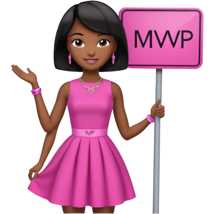 Black barbie, short  black bob  hair, pink dress with a sign that says mvp emoji