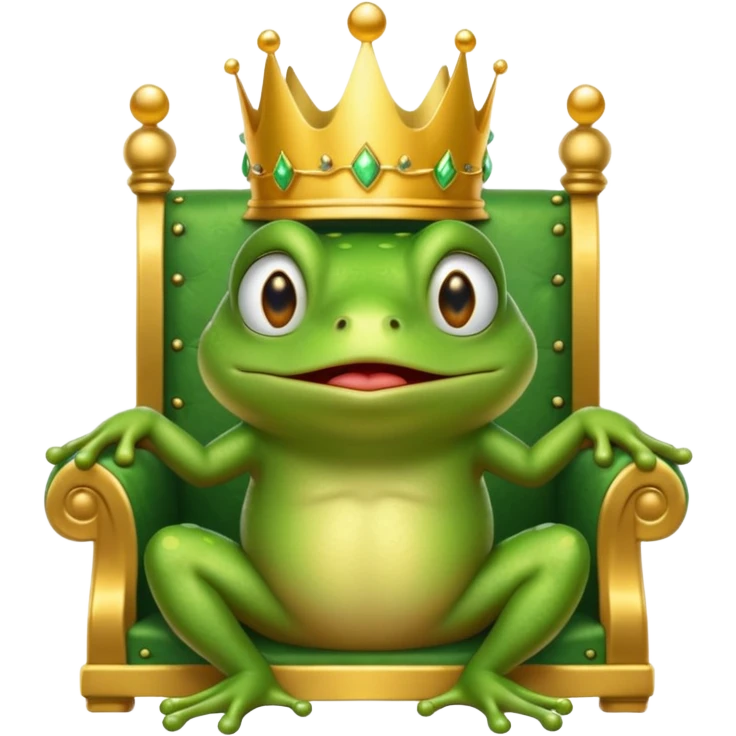 A cry frog wearing a crown, confidently sitting on a golden throne, cry tear from eyes, portrait, bust up emoji