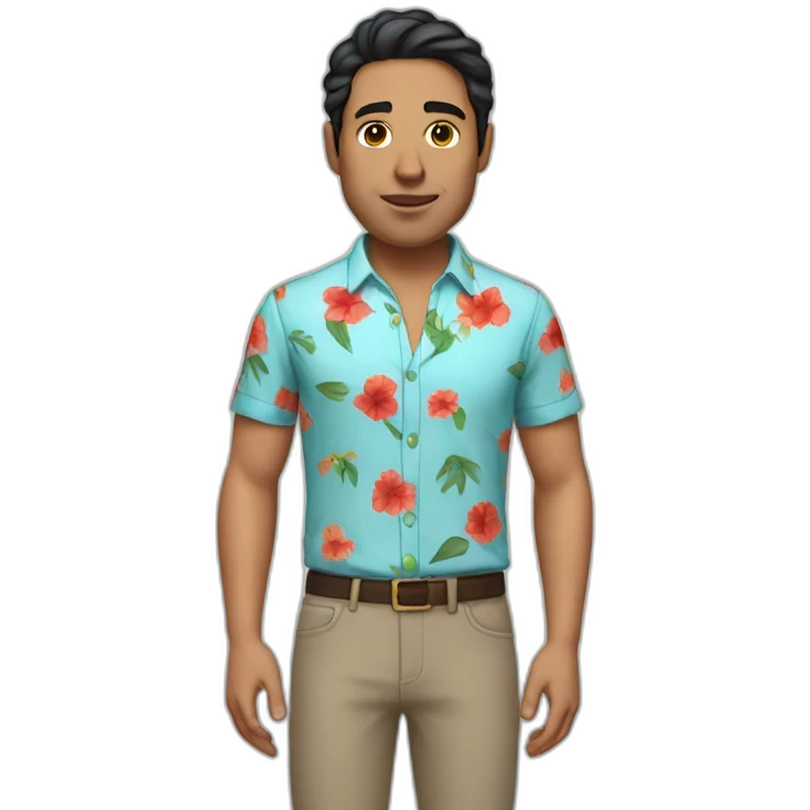 white man with dark hairs with a flower shirt and a red pant emoji