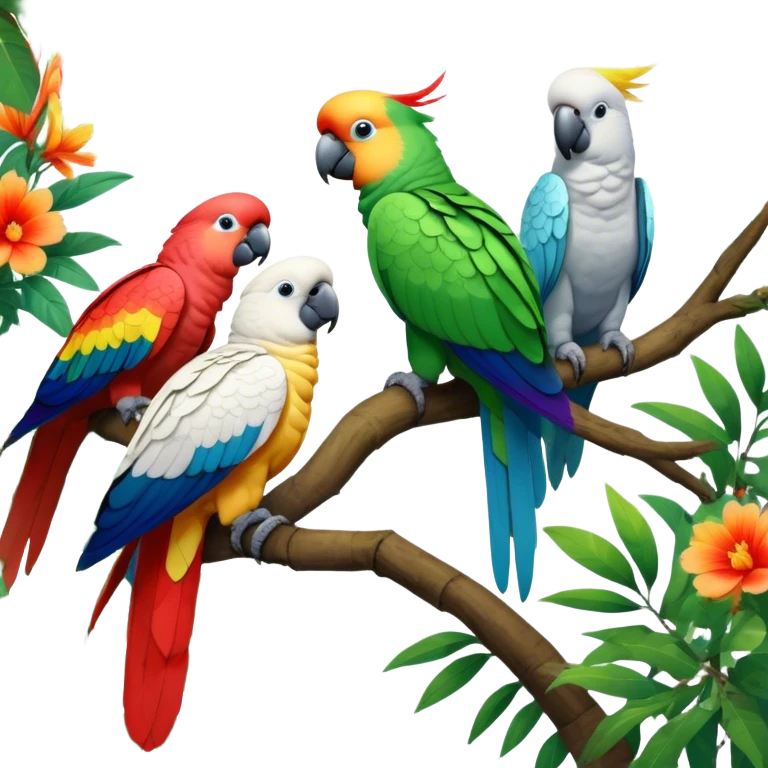 Close-up collage of vibrant Ara parrots and Inca cockatoos sitting on tree branches, surrounded by lush greenery. Bright colors of the birds stand out against a natural, sunny background of trees and flowers. Transparent background. emoji