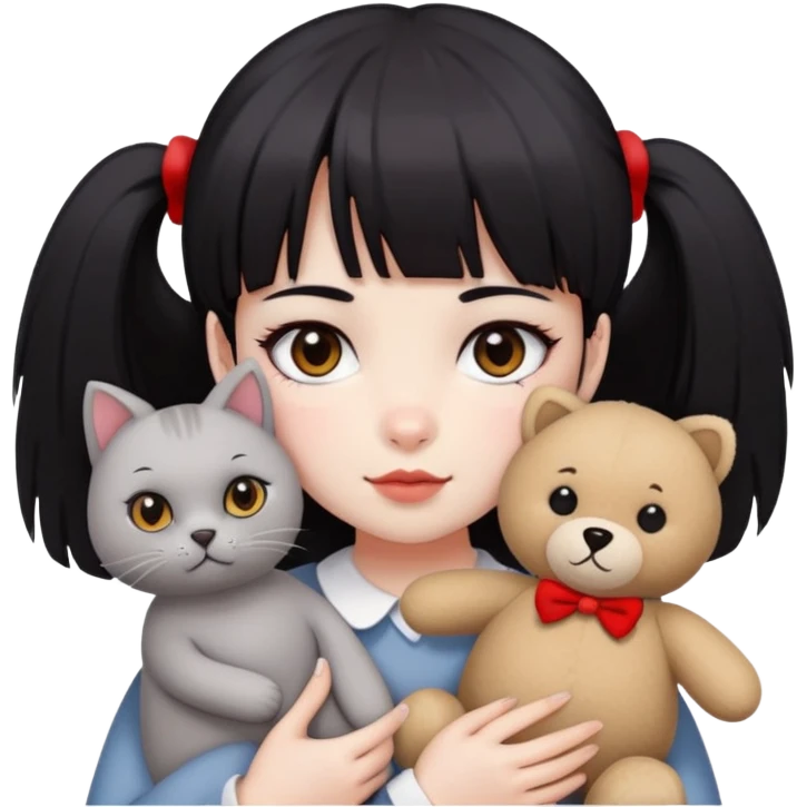  A girl with black eyes, red cheeks, black hair with straight bangs, and white face is holding a British gray cat and a brown teddy bear  emoji