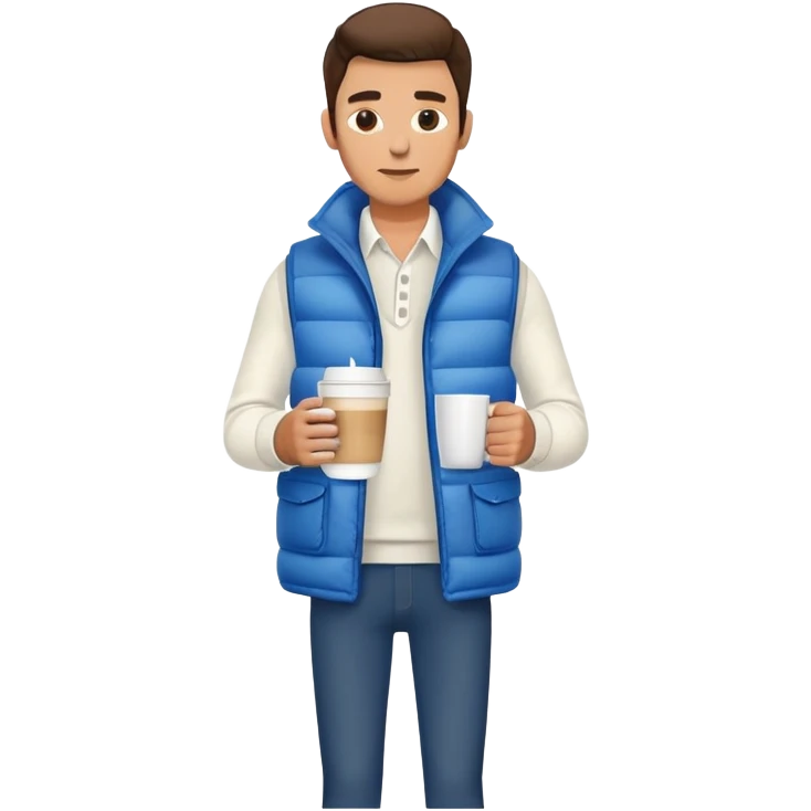 full body man wearing long sleeve white shirt with blue puffy winter vest holding a cup of coffee in front of him and nothing in his other hand emoji