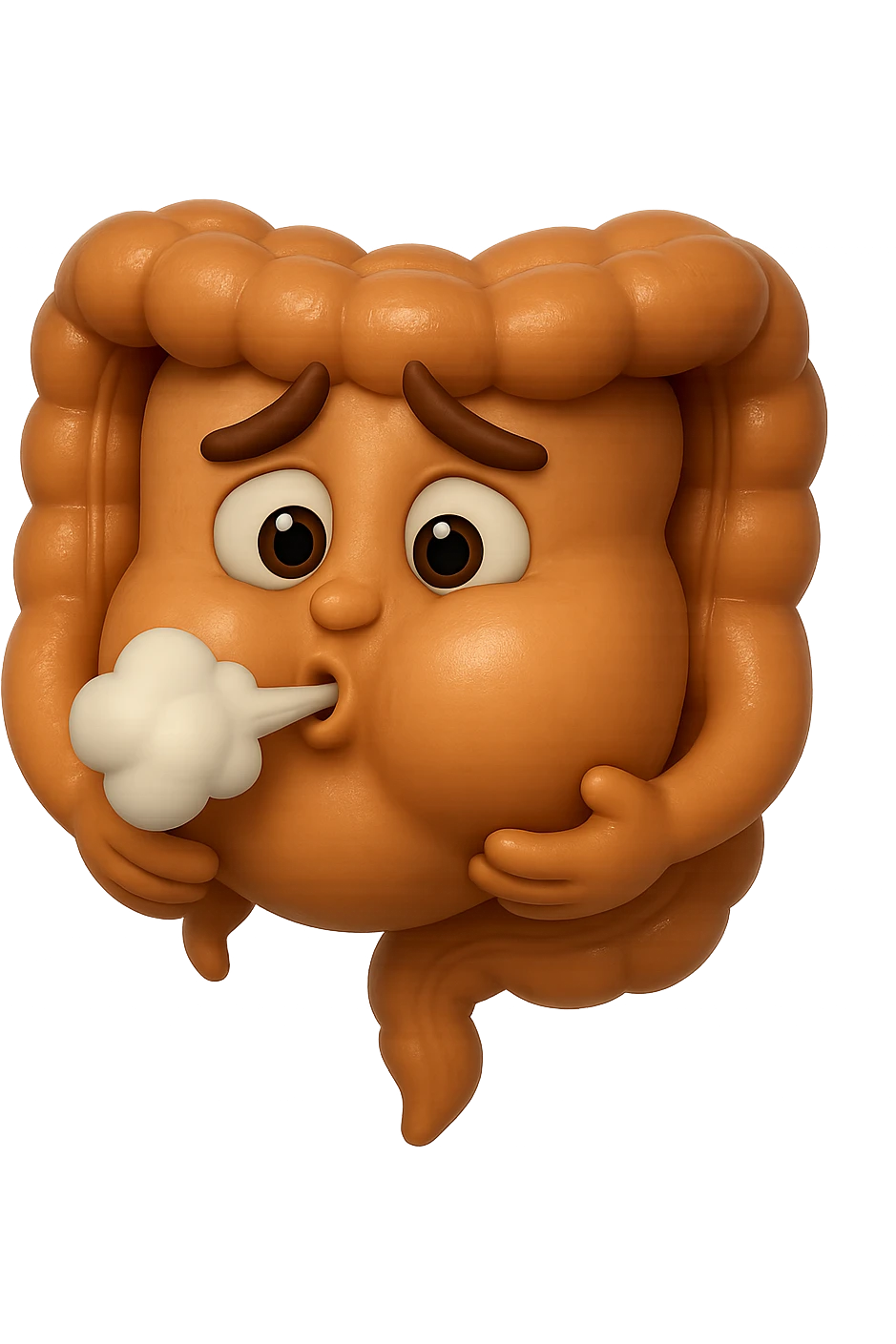 emoji stile iphone di un intestino che ingoia una nuvoletta di aria ben visibile e gli si gonfia la pancia, iperrealistico 4k emoji