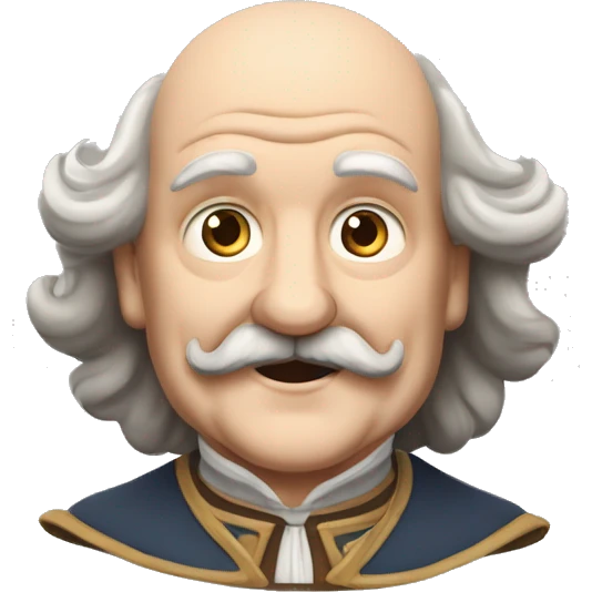 Short pudgy old man over enthusiastic happy excited face bald forehead long wavy gray and brown brunette long wavy hair moustache Shakespearean dress vintage clothes hamlet small arms emoji