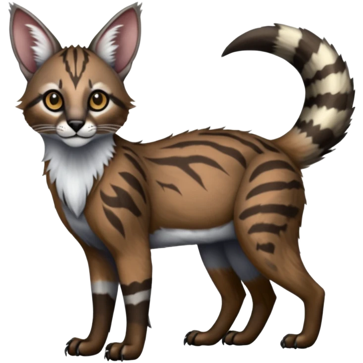 Realistic patterned marked edgy greyish blackish whitish silvery coppery Shiny Colorful Glossy Genet-Caracal-Lion-Bobcat-fusion-animal-hybrid-creature, full body, big-tufted-bat-ears, long-thin-tufted-white-tipped-tail emoji
