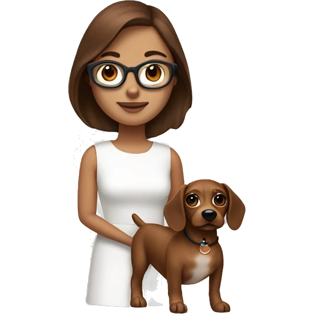 the brown hair girl with blue eye wear a white minimal dress and her brown sausage dog emoji