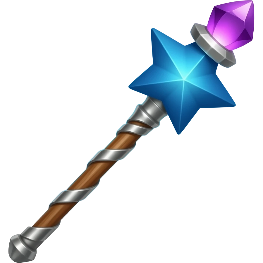 fantasy wand emoji, wooden staff, metallic accents, blue star head with glowing purple gem, soft magical glow, simple stylized 3D, white sticker border, centered on blue gradient background emoji