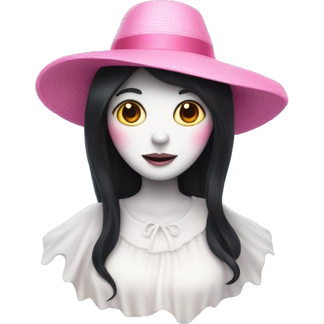 ghost lady with black hair and a pink sun hat emoji