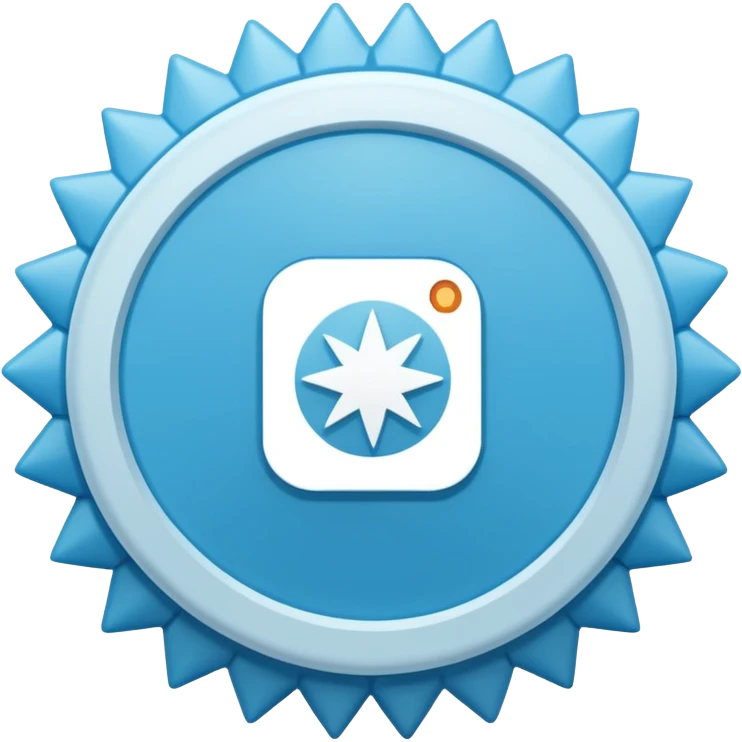 A high-resolution 2D icon of an Instagram-style verified badge. A vibrant light blue rounded-point starburst shape (rosette) with a clean, thick white checkmark in the center. Soft matte plastic texture. emoji