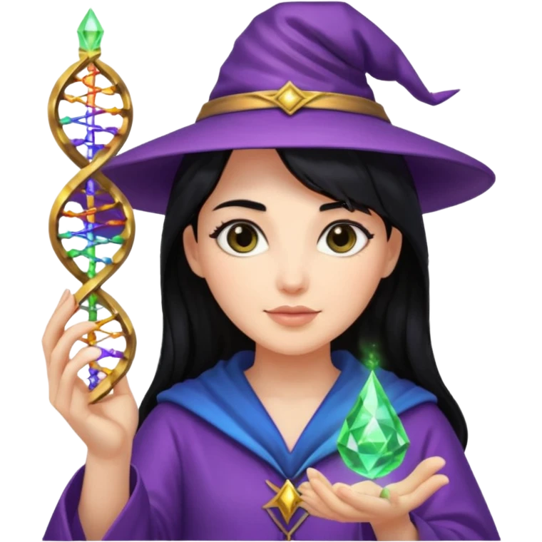 Female wizard with black hair holding a double helix DNA in her hand emoji