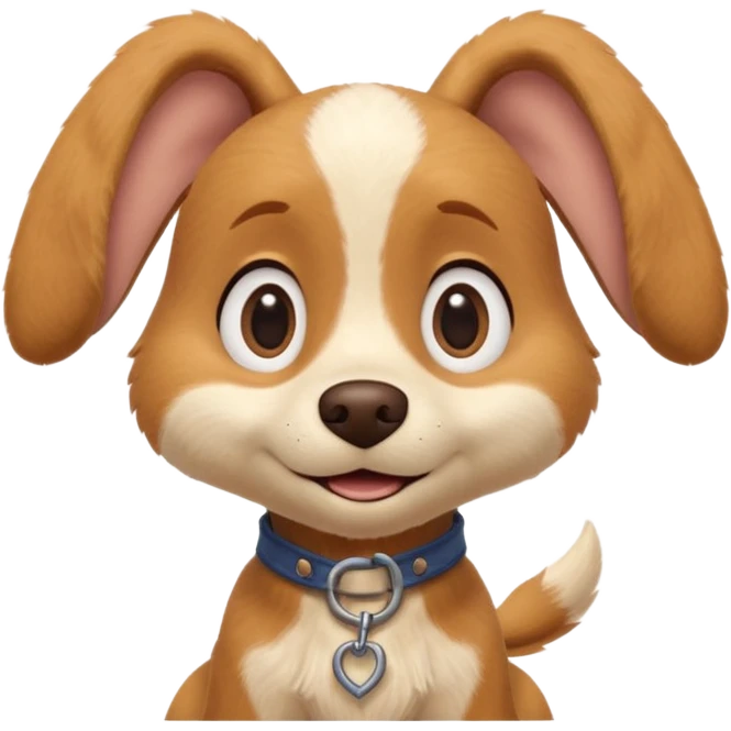 Boots the dog from Puss in Boots, Pixar / DreamWorks-style 3D render; cute, small dog with big round expressive eyes, floppy ears, and a sweet innocent smile; soft light-brown and cream fur with gentle texture; playful, loyal personality; polished animated-film quality;  emoji
