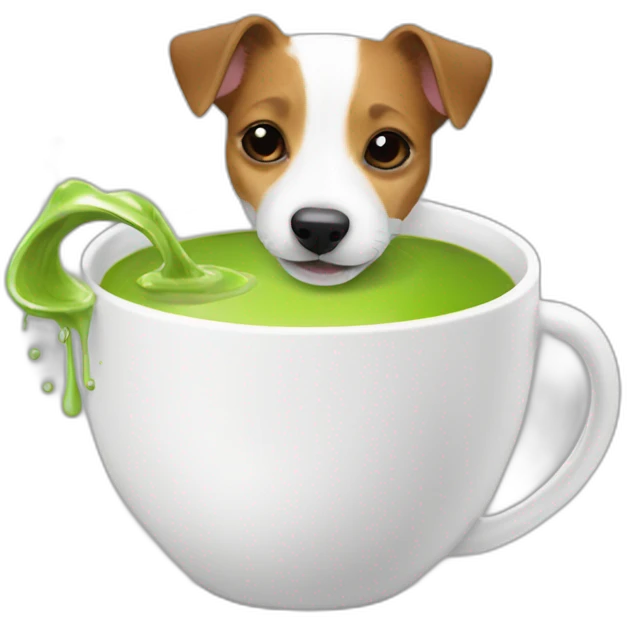 A jack russell drinking matcha tea from a cup emoji