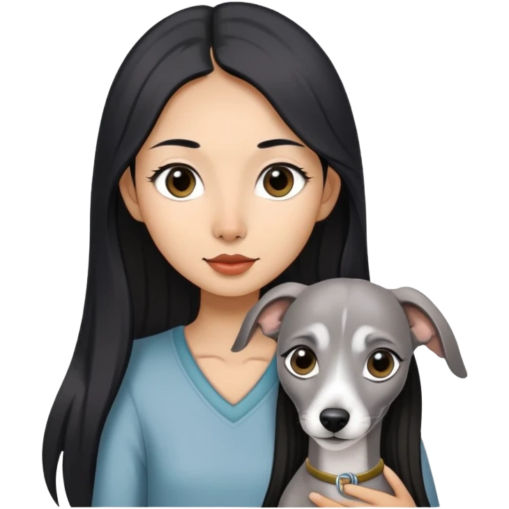 Slim Chinese girl with long black hair holding solid grey Italian greyhound with no white markings on nose emoji