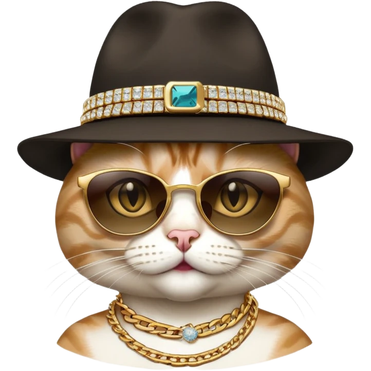 female cat close-up head and shoulders wearing Run DMC style, fedora, dark sunglasses, gold chains, bling emoji