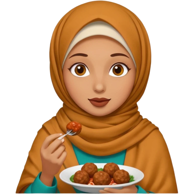 woman wearing a pashmina hijab eating meatballs emoji