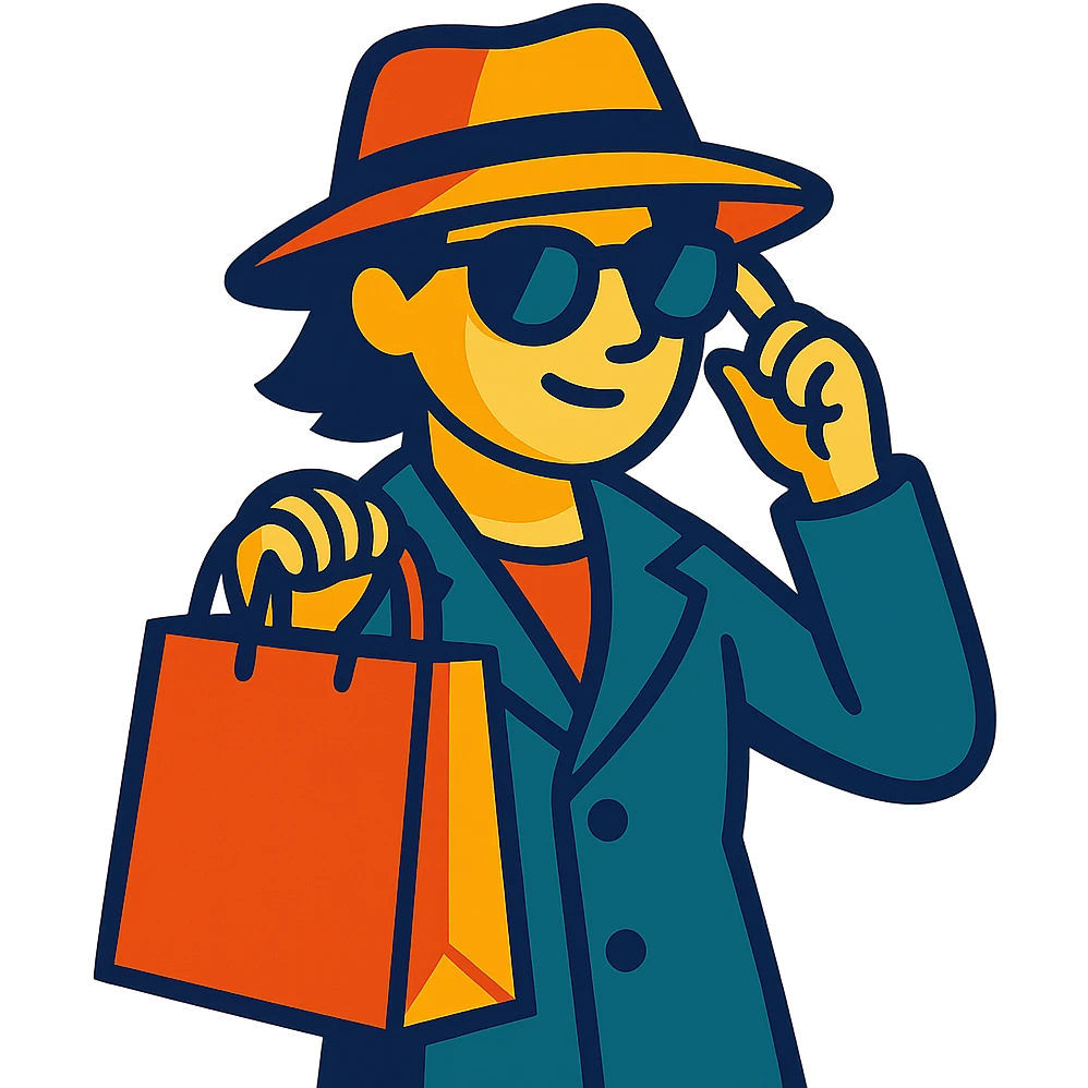 mystery shopper character holding a shopping bag, wearing sunglasses and a hat, vibrant toon style emoji