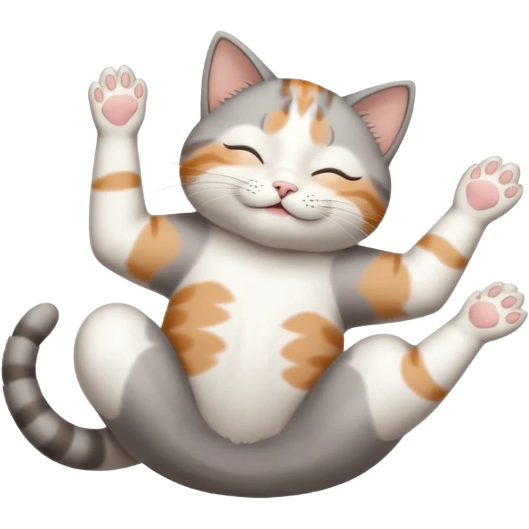 grey and white small cat eyes with closed lying down upside down with paws stretched out straight in different directions emoji