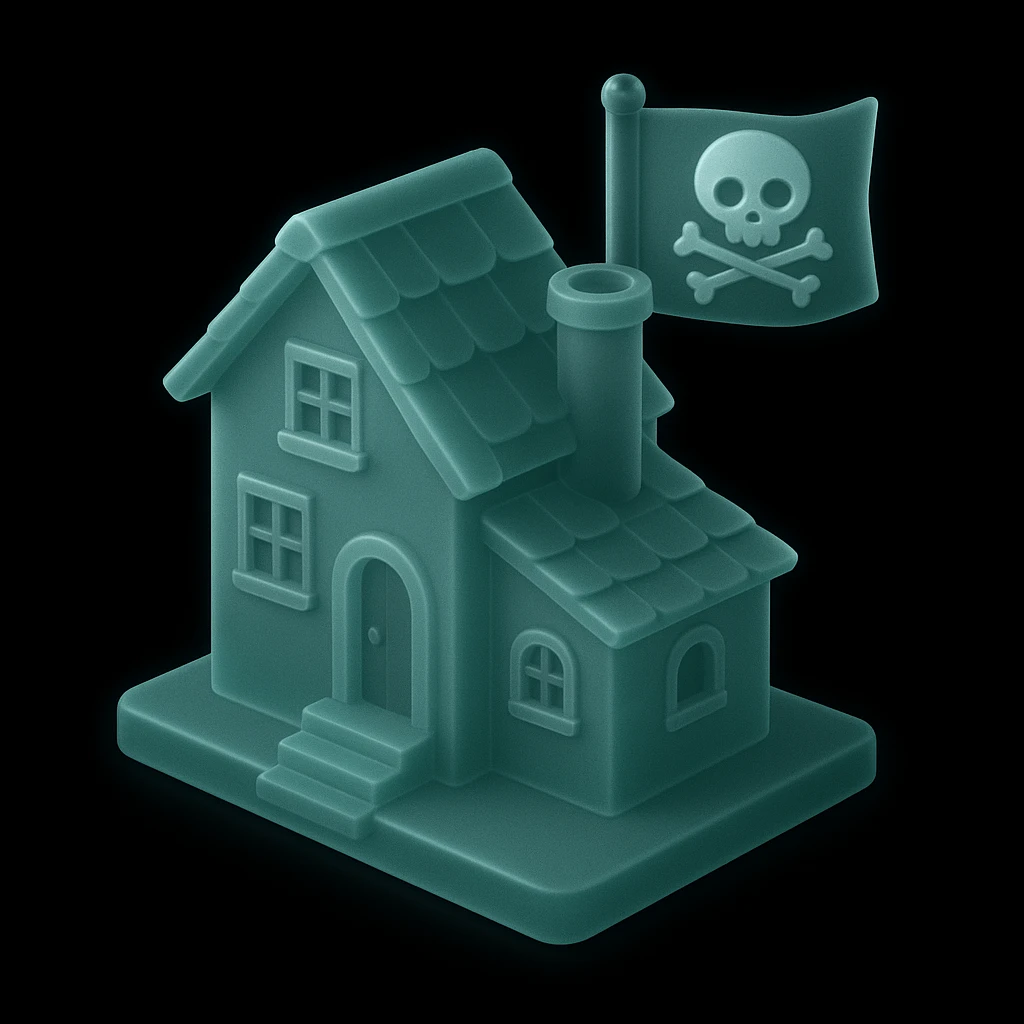 old pirate's house with skull flag emoji