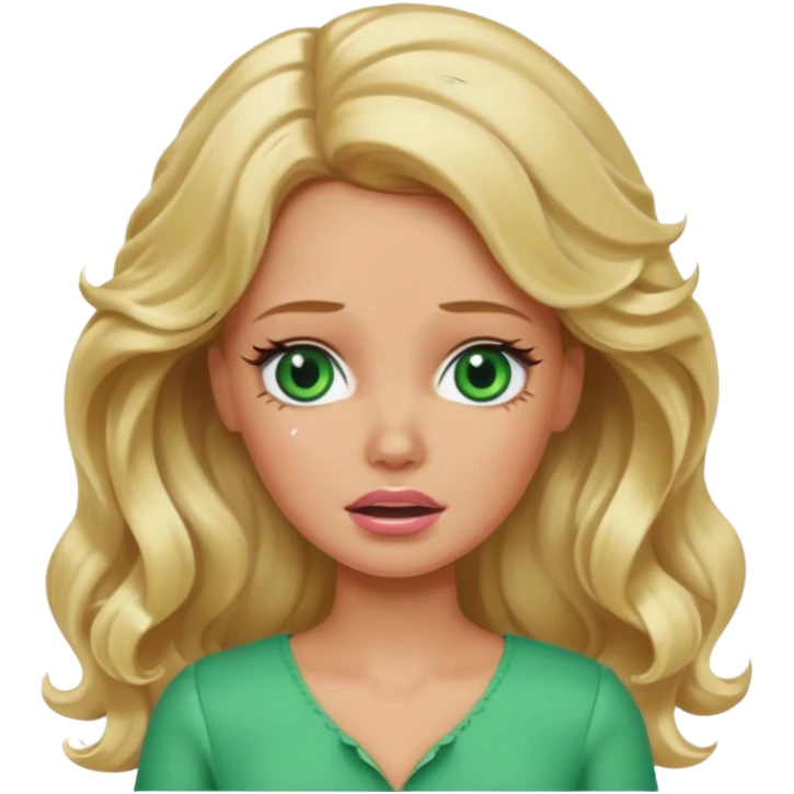 crying Barbie with blonde wavy hair green eyes and tan skin emoji