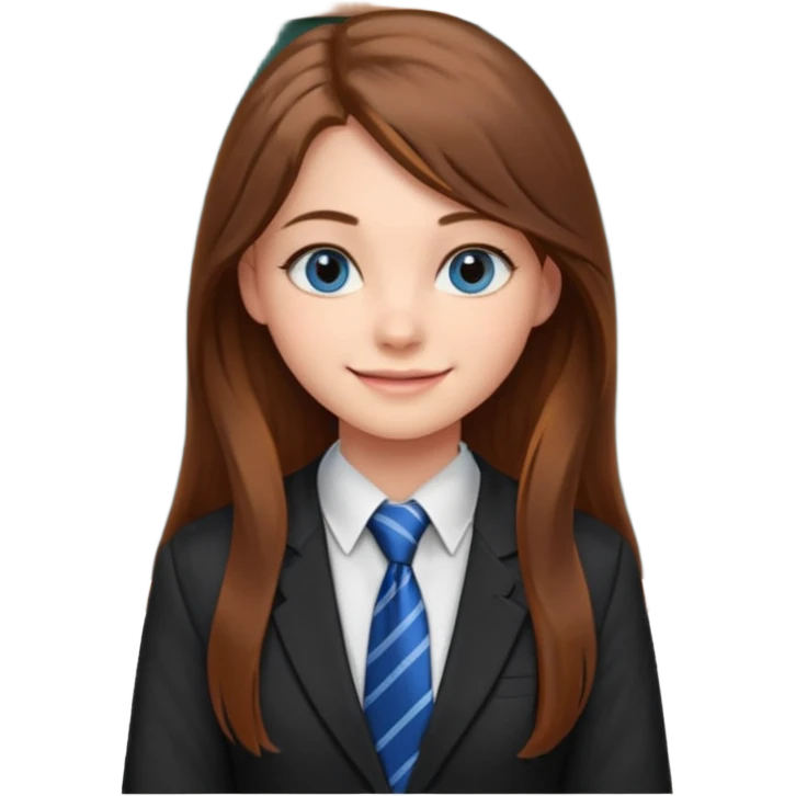 high school class room with a pretty female high school student with long brown hair, blue eyes, wearing a tie, sitting in front of the blackboard emoji