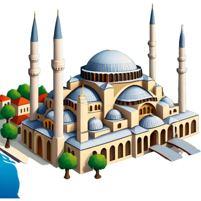 Isometric illustration of Istanbul, featuring Hagia Sophia and Istanbul bridge paint photorealistic style emoji