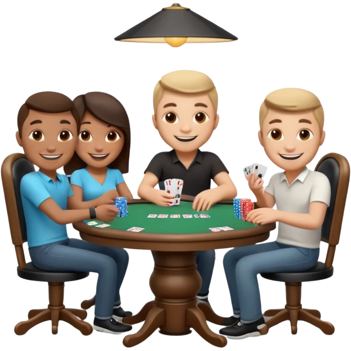 A 3D cartoon poker table with cards, chips, and smiling players, soft lighting, Memoji-style. emoji