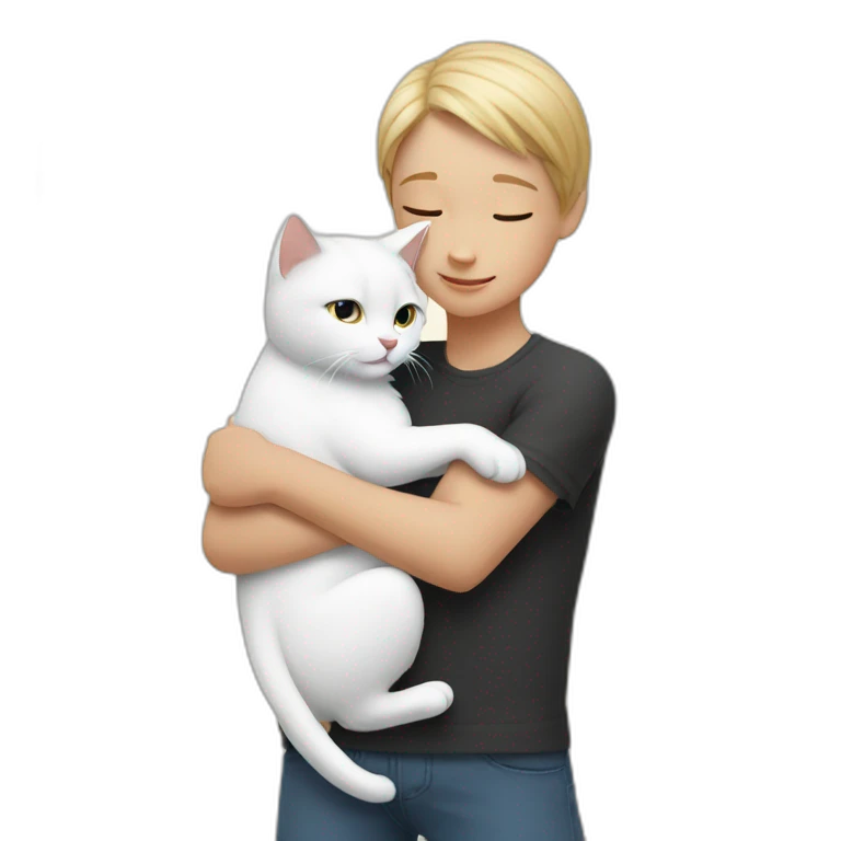 Girl and boy hug two white cats emoji